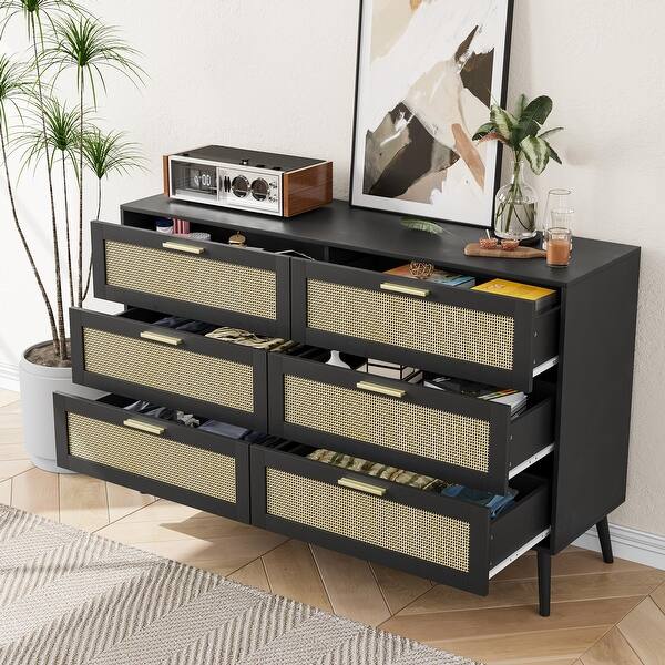 Modern Rattan 6-Drawer Chest, Wide Boho Dresser with Gold Handles for Bedroom, Black - Bed Bath & Beyond