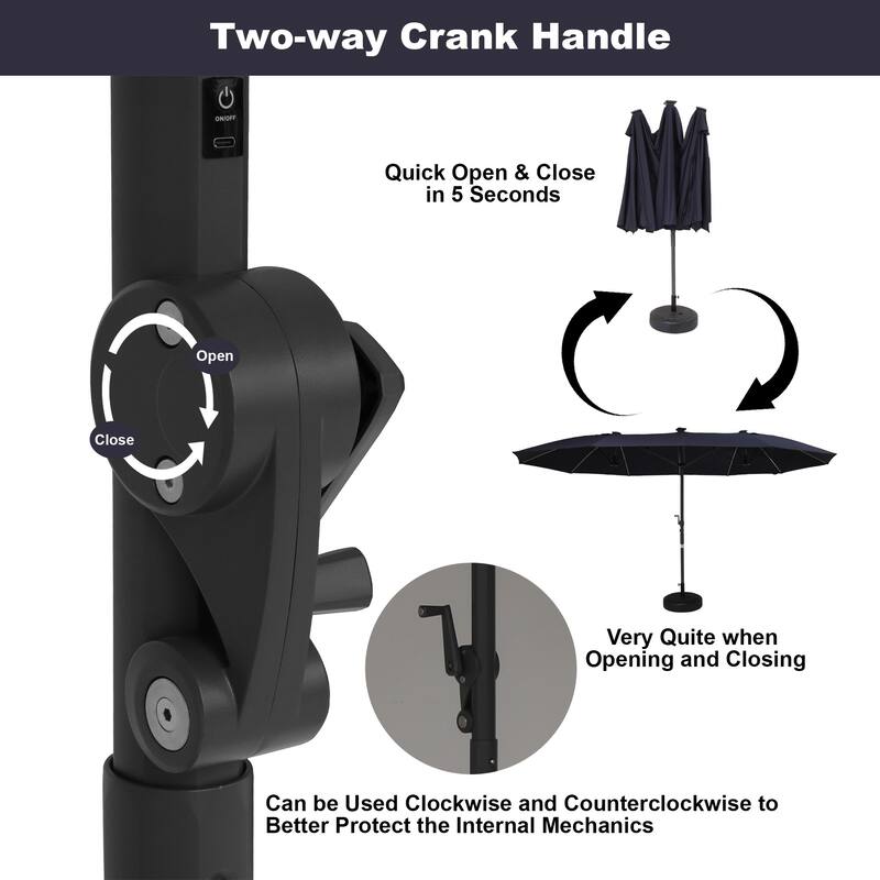 180'' x 108'' Rectangular Fiberglass Lighted Market Umbrella with Base