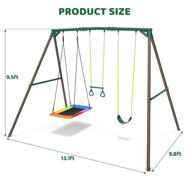 9.5' Heavy Duty Metal Swing set for Backyard with Platform Swing, Belt Swing, and Trapeze Bar