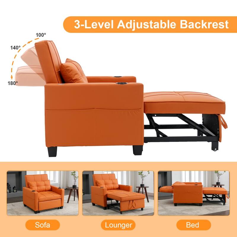 3-in-1 Pull out Convertible Futon Sleeper Armchair Beds with USB Ports