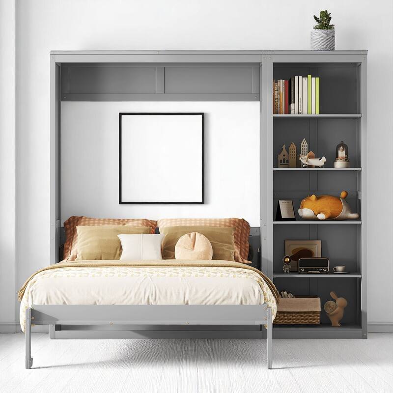 Full/Queen Size Murphy Wall Bed with Shelves, Foldable Cabinet Bed with Storage, Plywood MDF Frame