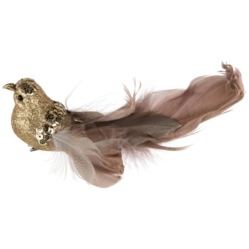 6" Gold Sequins and Glitter Bird with Clip and Feathers Christmas Ornament