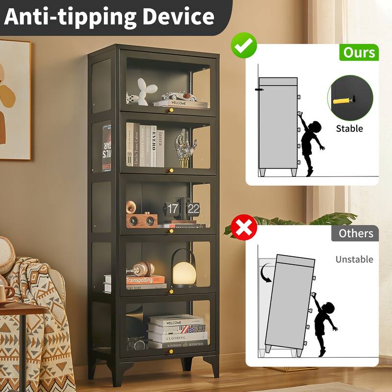 4/5-Tier Curio Display Cabinet with Glass Flip Doors & LED Light Strip