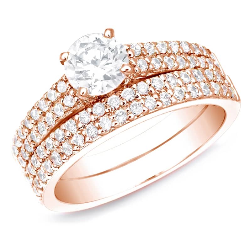 Auriya 14k Rose Gold 1 1/2ctw Double Pave Diamond Engagement Ring Set Certified - 4