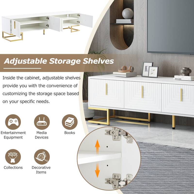 Contemporary TV Stand with Geometric Design, Metal Legs and Gold Handles, Storage for 80" TV