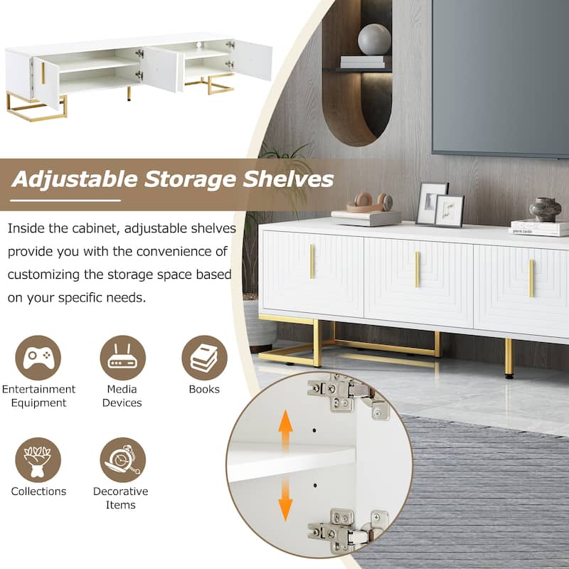 White+Gold 70" TV Stand with Gold Handles & Adjustable Shelves for TVs Up to 80"