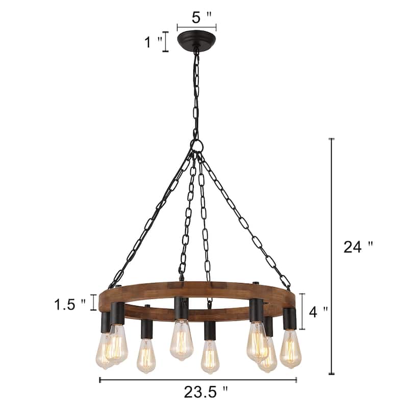Anmytek Modern Farmhouse 8-Light Wagon Wheel Wood Chandelier Round Pendant Lights for Dining Room - 23.5" D x 24" H