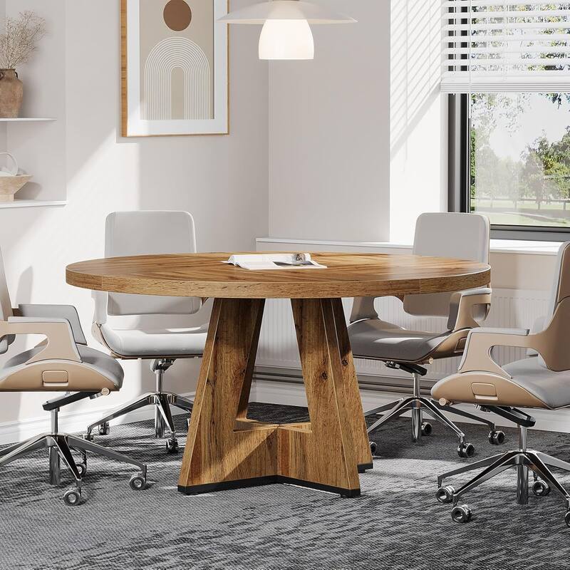 47" Round Conference Table Meeting Room Table with Thickened Top Wood Base Modern Training Desk for Conference/Seminar Room