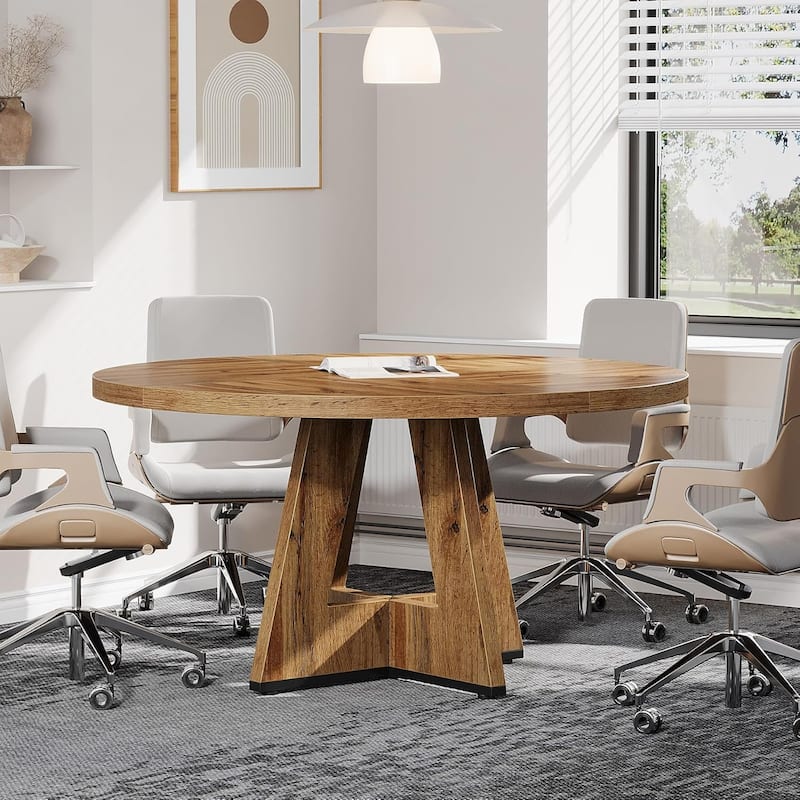 47-Inch Round Conference Table for 4-6 People Wooden Meeting Room Table - Tan
