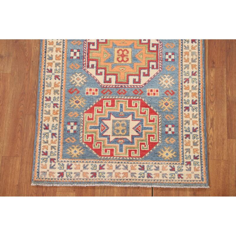 Light Blue Kazak Accent Rug Handmade Wool Carpet - 2'7" x 4'3"