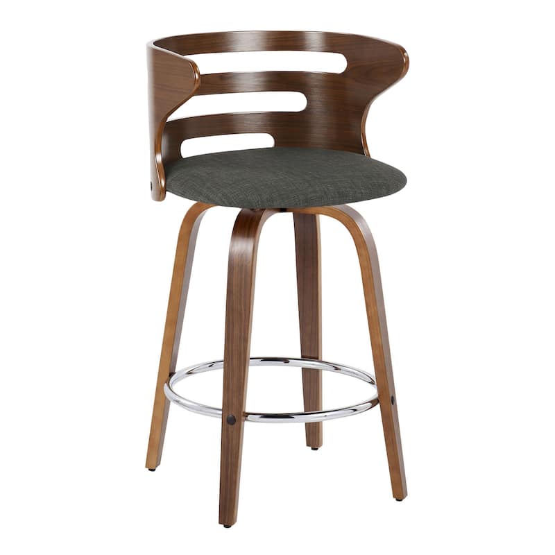 Carson Carrington Cranagh 26" Fixed-Height Counter Stool with Bent Wood Legs (Set of 2) - Charcoal Fabric/Walnut Wood/Chrome