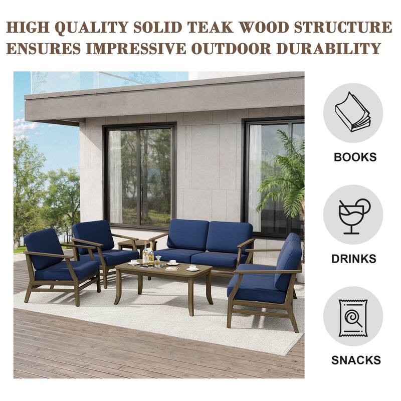 Teak Outdoor Patio Conversation Set with Cushions and Tables (6-Piece)
