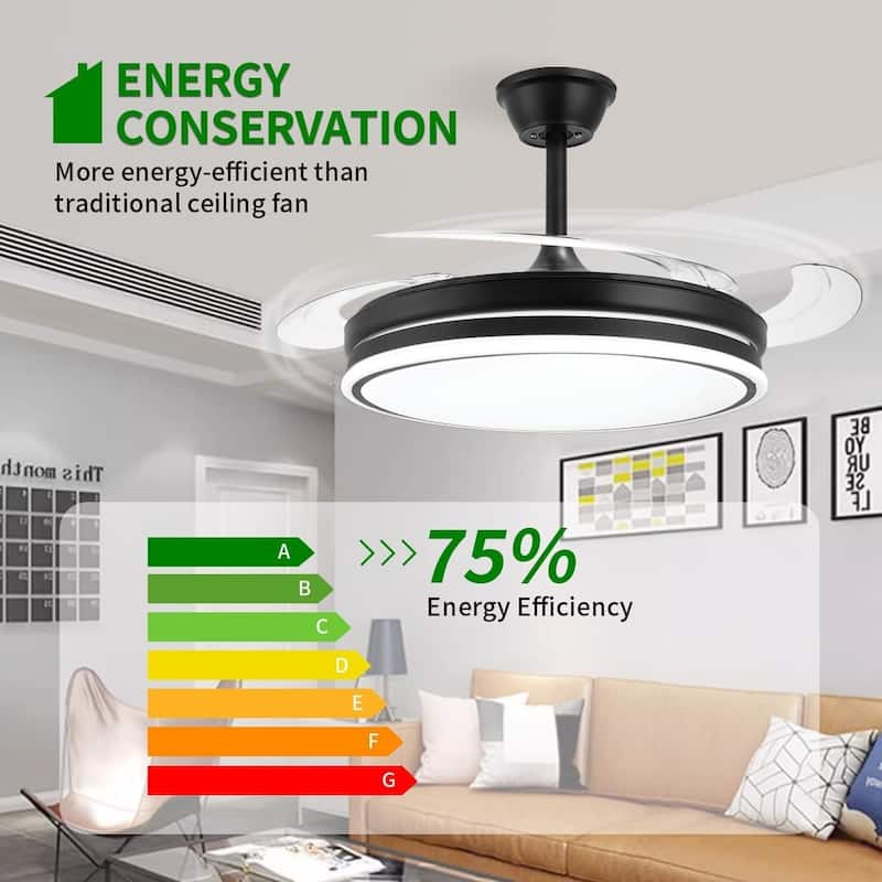 42 Inch Retractable Ceiling Fans with Lights, Modern LED Ceiling Fan Lights with Remote Control