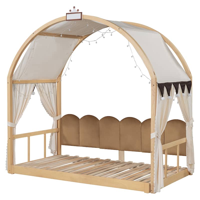 Wood Twin Size Bed Frame with Arched Roof, Floor Bed with Light and Curtain, Pull-out Kids Bed for Girls Boys Bedroom