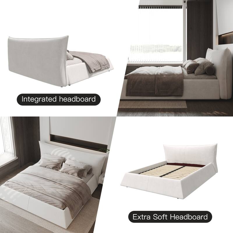 Queen Size Upholstered Platform Bed with Special Shaped Velvet Headboard