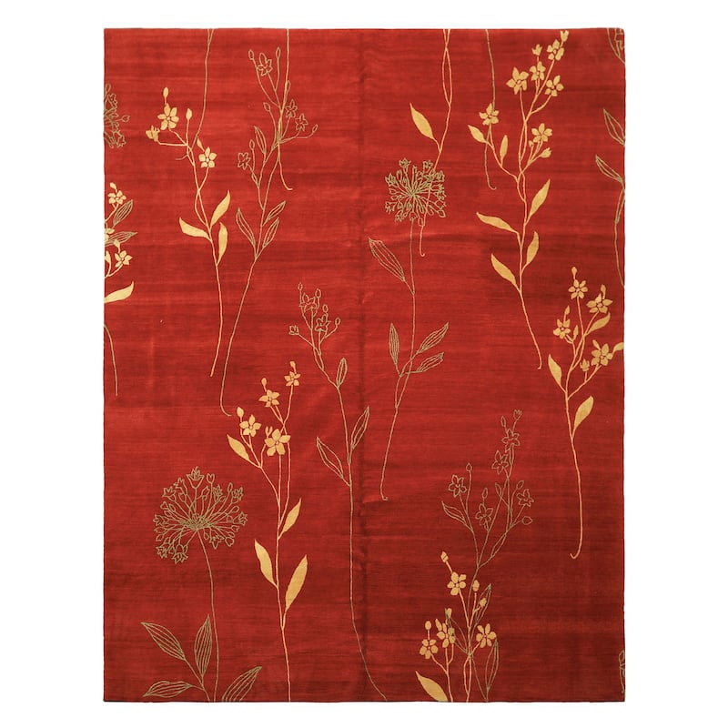 8x10 Hand Knotted Wool & Silk Red Transitional Floral Tibetan Rug - 8' x 10'