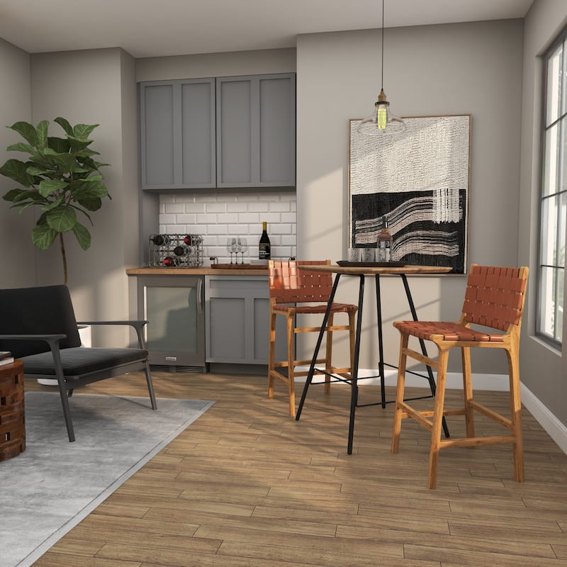 Camel Brown or Black Teak Wood Woven Leather Seat and Back Bar Stool with Beam Footrest