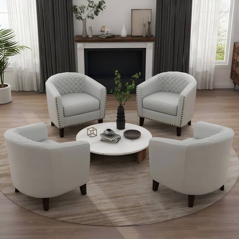 Axia 4 Set Modern Faux Leather Barrel Accent Chairs with Wood Legs