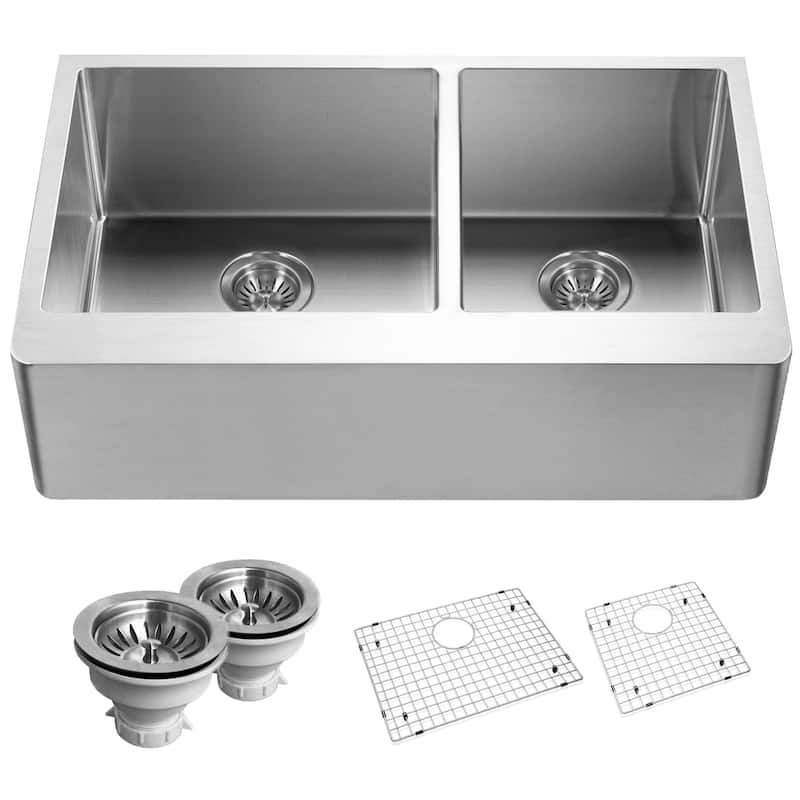 Houzer Epicure 33" Double Basin 18 Gauge Kitchen Sink for Farmhouse - Stainless Steel