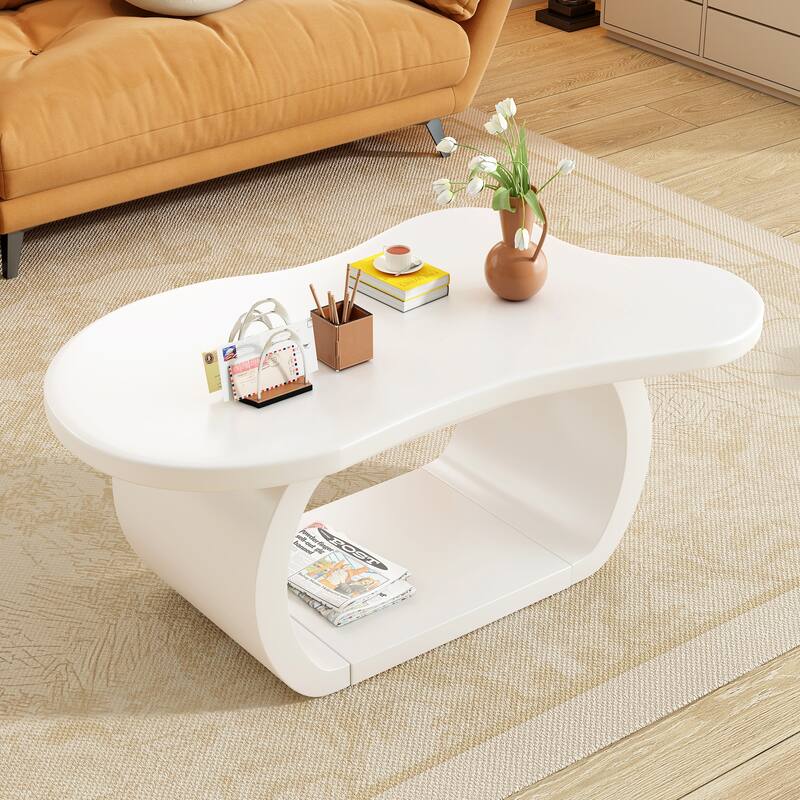 Modern Cloud Coffee Table with 1.5" Thick Tabletop,Cream Style Irregular End Table with Curved Legs,Unique Design Accent Table - White