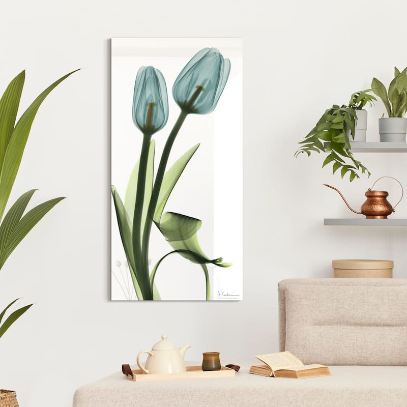 "Blue Tulips" Frameless Free Floating Tempered Glass Panel Graphic Wall Art
