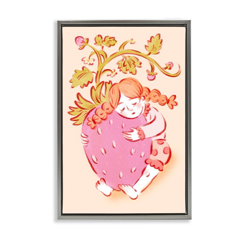 Stupell Girl Hugging Strawberry Framed Floater Canvas Wall Art Design By Hannah Moren - 17 x 25 - Grey