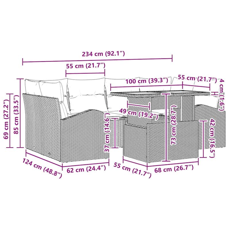 vidaXL 7 Piece Garden Sofa Set with Cushions - 92.1×48.8×27.2