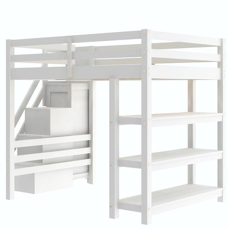 Loft Bed with Shelves, Storage Staircase, Small Wardrobe & White LED Light