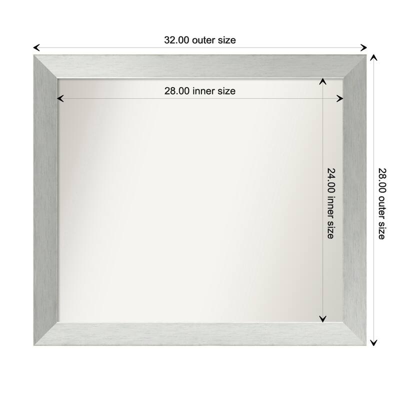 Brushed Sterling Silver Framed Non-Beveled Custom Wall Mirror, Bathroom Vanity Mirror - Outer Size: 32 x 28