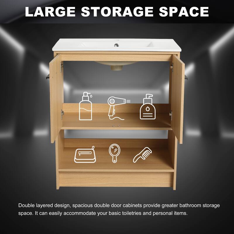 30" Bathroom Vanity with Ceramic Sink, 2 Soft Closing Doors, Freestanding Bathroom Cabinet Vanity