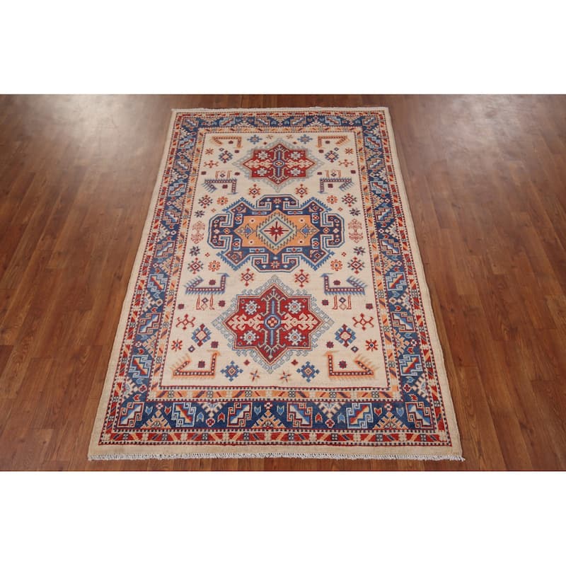 Geometric Beige / Ivory Kazak Accent Rug Hand-Knotted Wool Carpet - 4'0" x 6'1"