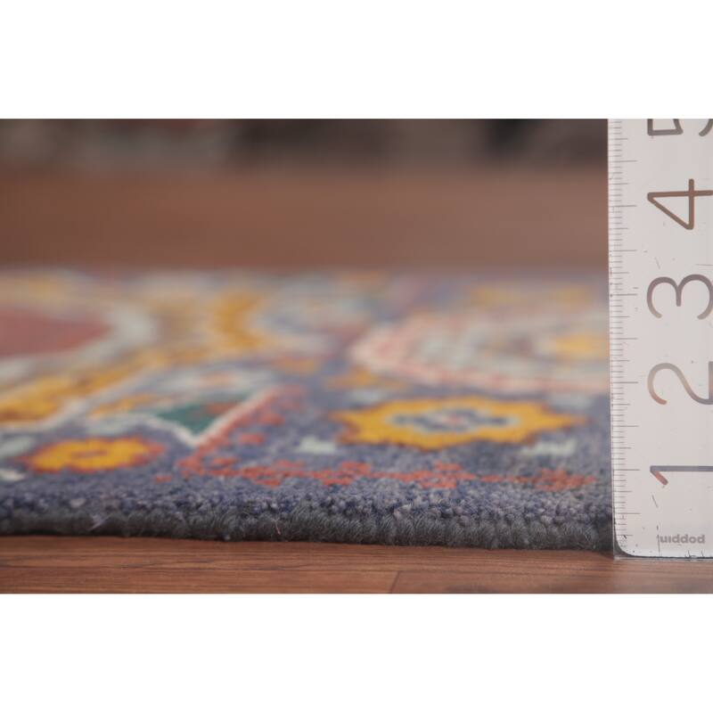 Geometric Blue Kazak Runner Rug Hand-Knotted Wool Carpet - 2'7"x 7'11"