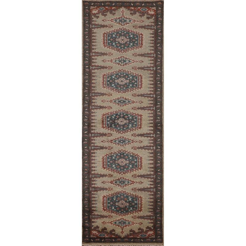 Geometric Viss Indian Runner Rug Handmade Wool Carpet - 2'6"x 9'9"
