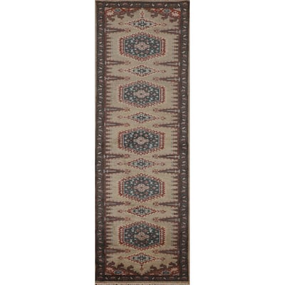Geometric Viss Indian Runner Rug Handmade Wool Carpet - 2'6"x 9'9"