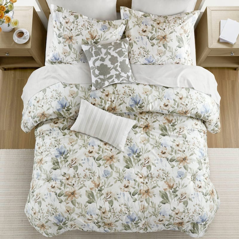 Harbor House Blue Herbal 6 Piece Cotton Sateen Print Oversized Comforter Set