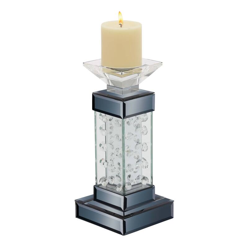 Glass Pillar Candle Holder with Floating Crystals - Silver - Roche River Decor