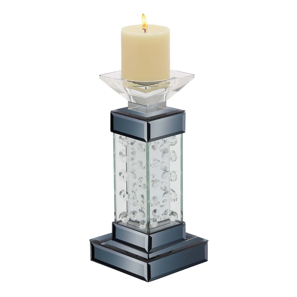 Glass Pillar Candle Holder with Floating Crystals - Silver - Roche River Decor