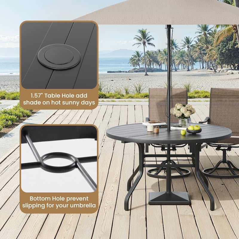 Round Outdoor Patio Dining Table, 47" Round Patio Table Wood-Like Grain with 1.57" Umbrella Hole, Metal Outdoor Dining Tables