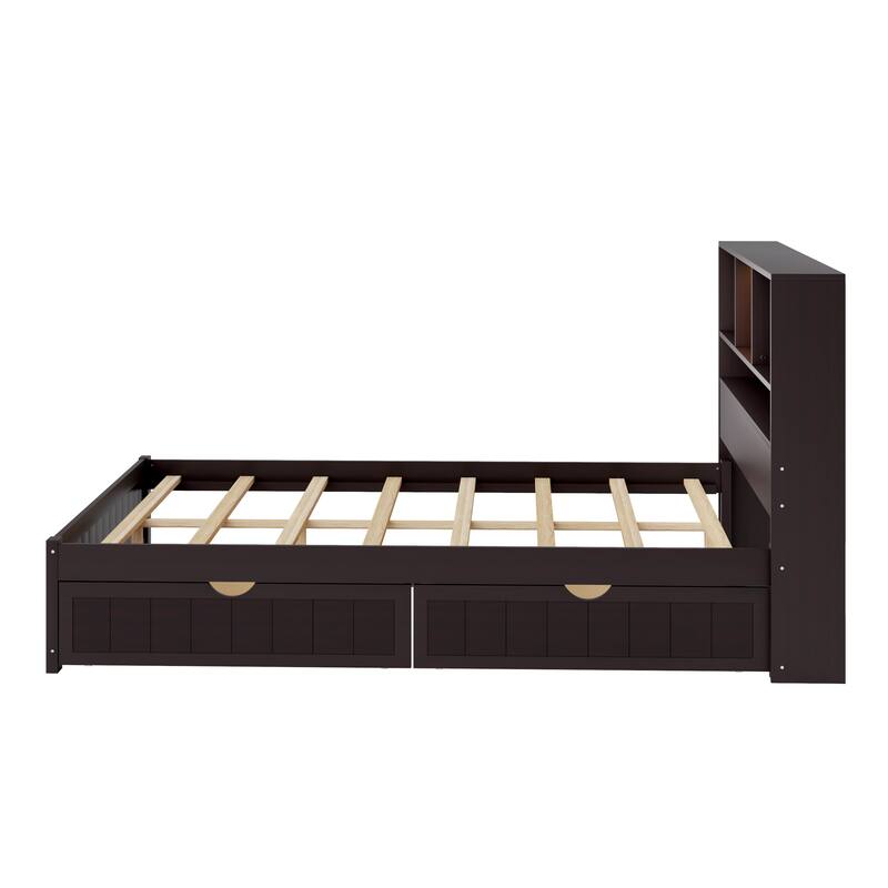 Wood Platform Bed with Bookcase Headboard, Built-in Downlight, Charging Station & 2 Side Drawers