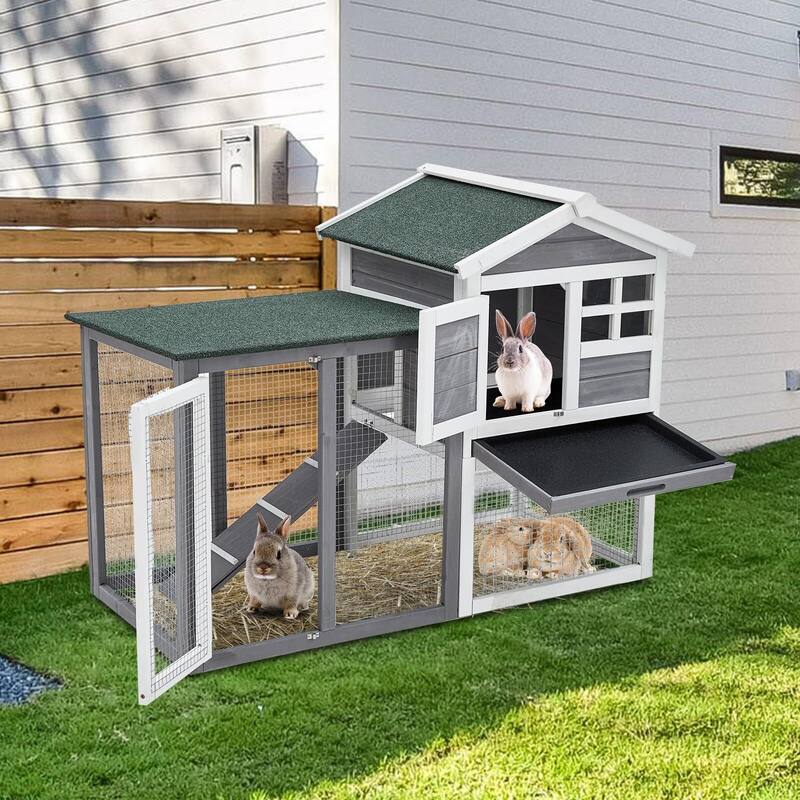 Rabbit Hutch Indoor and Outdoor Bunny Cage for Small Animals with 2 Lockable Doors