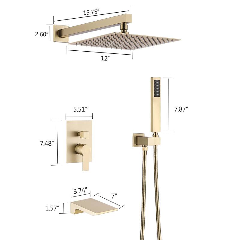 12 Inch Shower System With Waterfall Tub Spout And Handheld Sprayer Rain Wall Mount Tub Shower Faucet Set With Rough-in Valve