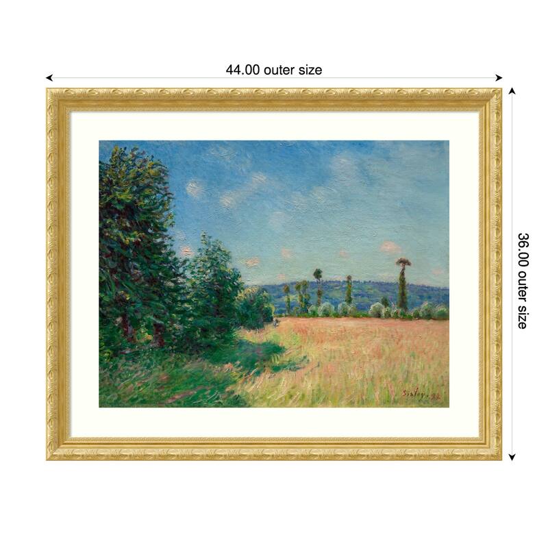 Sahurs Meadows in Morning Sun by Alfred Sisley Wood Framed Wall Art Print - Versailles Gold - 44 x 36 in