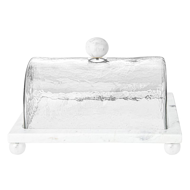 Marble Cake Plater with Glass Cover with Clear Ball Knob - 10.4"L