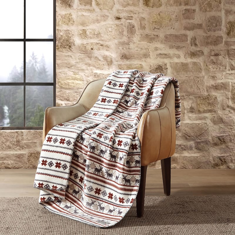 Eddie Bauer Printed Reversible Ultra Soft Plush Throw Blanket - Deer Snowflake Beige