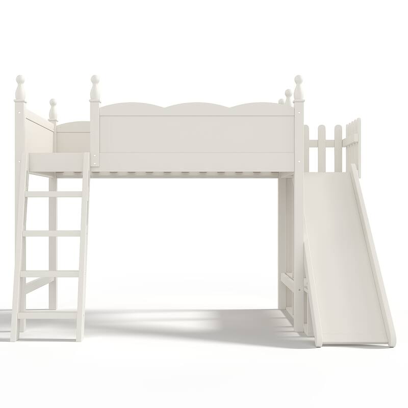 Twin Loft Bed with Storage Shelves and Wardrobe, Solid Wood Loft Beds with Detachable Slide and Ladders, No Spring Box Needed