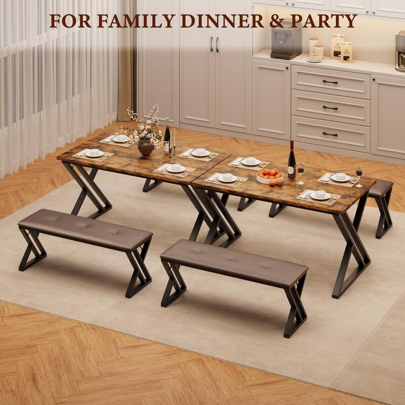 3 Piece Z-Shaped Leg Dining Table with 2 Benches, Space-Saving