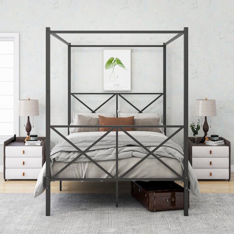 Black Full Size Metal Canopy Bed Frame, X-Shaped Platform Frame, Elegant Design, - Black