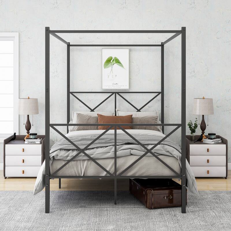 Black Metal Canopy Bed Frame with X-Shaped Design - Full Size - Black