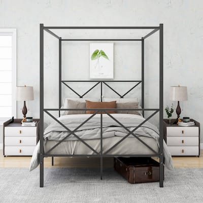 Metal Canopy Bed Frame, Platform Bed Frame with X Shaped Frame