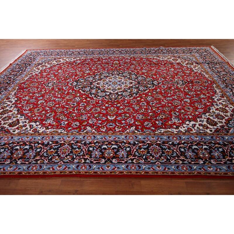 Floral Red Kashan Turkish Area Rug Machine-Made Bedroom Carpet - 9'10" x 13'0"